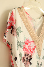 NEW Sampeel Pink Tan And Green Floral Print Top With Tan Lace Collar | XL