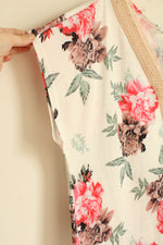NEW Sampeel Pink Tan And Green Floral Print Top With Tan Lace Collar | XL