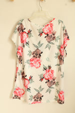 NEW Sampeel Pink Tan And Green Floral Print Top With Tan Lace Collar | XL