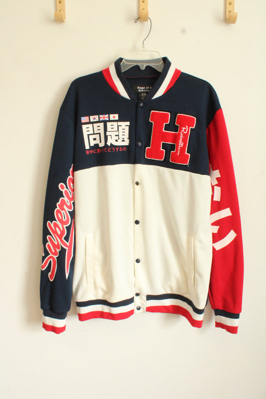 NEW Rage of a Rebellion Navy White and Red Letterman Varsity Snap Jacket | 2XL