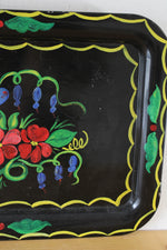 Hand Painted Floral Bird Black Metal Platter