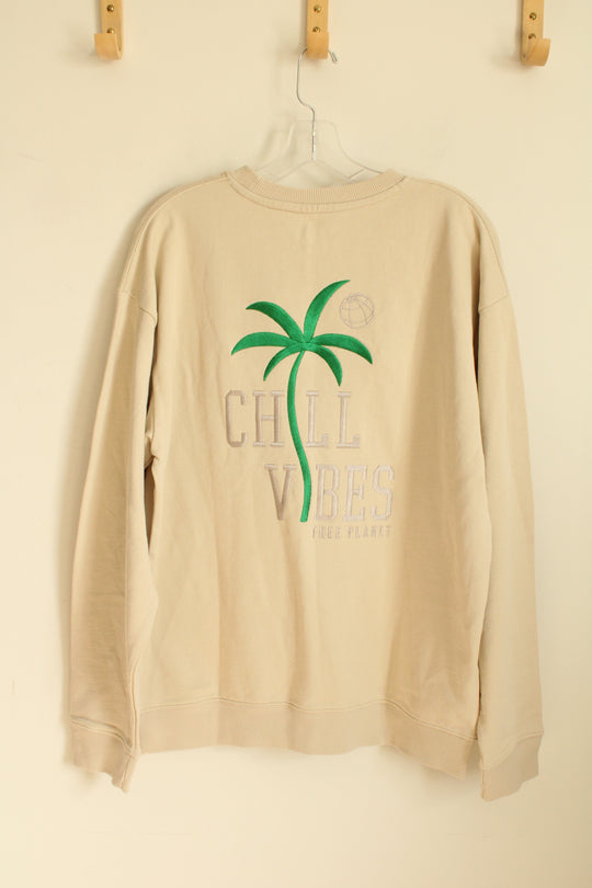 NEW Free Planet Tan Chill Vibes Embroidered Crew Neck Top | M