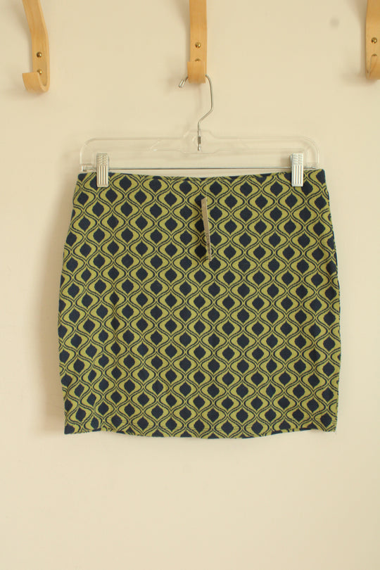 NEW Francesca's Green And Navy Blue Printed Stretch Skirt | M