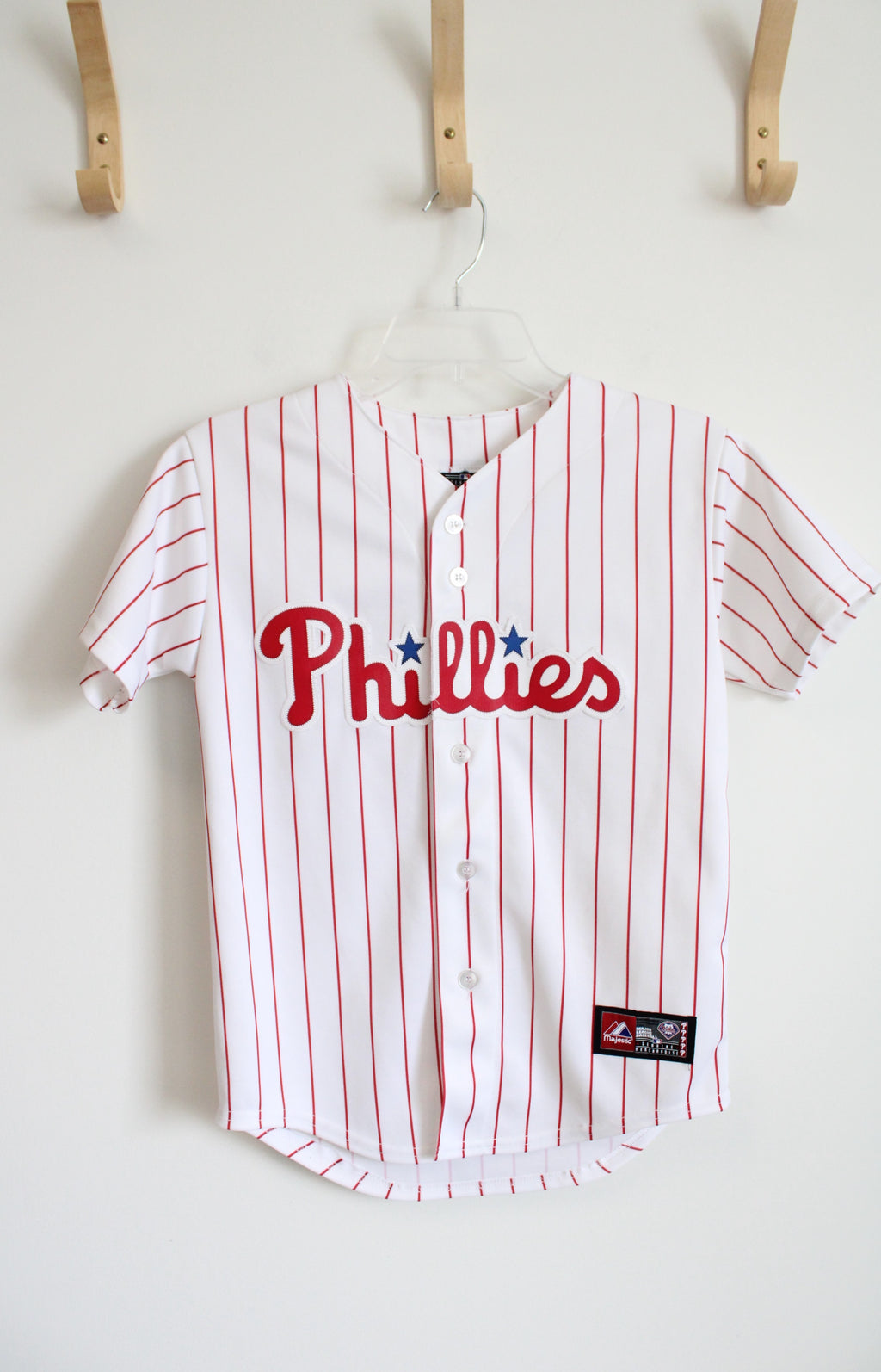Majestic Red & White Striped Phillies Button Down Jersey Shirt | Youth M