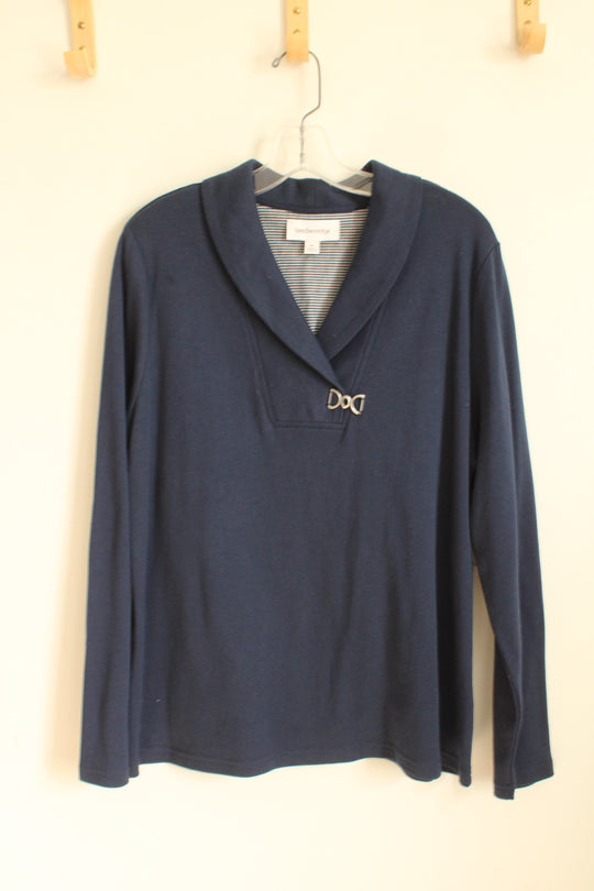 NEW Breckenridge Navy Blue Long Sleeve Less Fold Over Collar Top | XL