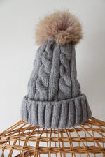 Ugg Gray Cable Knit Faux Fur Pom Pom Beanie