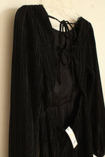 NEW Audrey Parks Black Open Back Sheer Pleated Puff Sleeve Metallic Dress | L