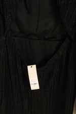 NEW Audrey Parks Black Open Back Sheer Pleated Puff Sleeve Metallic Dress | L