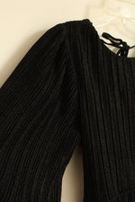 NEW Audrey Parks Black Open Back Sheer Pleated Puff Sleeve Metallic Dress | L