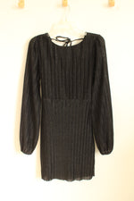 NEW Audrey Parks Black Open Back Sheer Pleated Puff Sleeve Metallic Dress | L