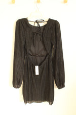 NEW Audrey Parks Black Open Back Sheer Pleated Puff Sleeve Metallic Dress | L