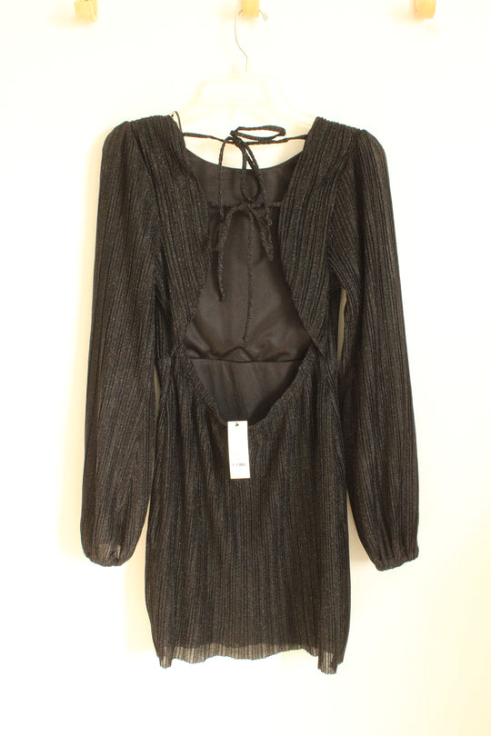 NEW Audrey Parks Black Open Back Sheer Pleated Puff Sleeve Metallic Dress | L