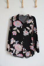 Reversible Black Colorful Floral & Striped Button Down Top | XL