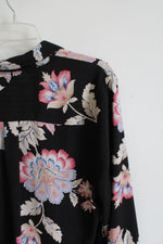Reversible Black Colorful Floral & Striped Button Down Top | XL