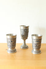 German Pewter Goblet and 2 Pewter Cups With Embossed Wildlife Scene