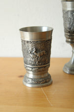German Pewter Goblet and 2 Pewter Cups With Embossed Wildlife Scene