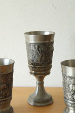 German Pewter Goblet and 2 Pewter Cups With Embossed Wildlife Scene