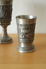 German Pewter Goblet and 2 Pewter Cups With Embossed Wildlife Scene