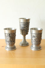 German Pewter Goblet and 2 Pewter Cups With Embossed Wildlife Scene