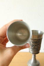 German Pewter Goblet and 2 Pewter Cups With Embossed Wildlife Scene