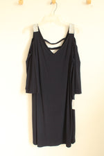 NEW CB Navy Blue Cold Shoulder V-Neck Stretch Dress With Shoulder Rhinestones | XXL