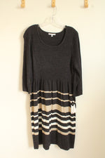 NEW Studio One New York Gray Ribbed Sweater Dress With Tan And White Stripes | XXL