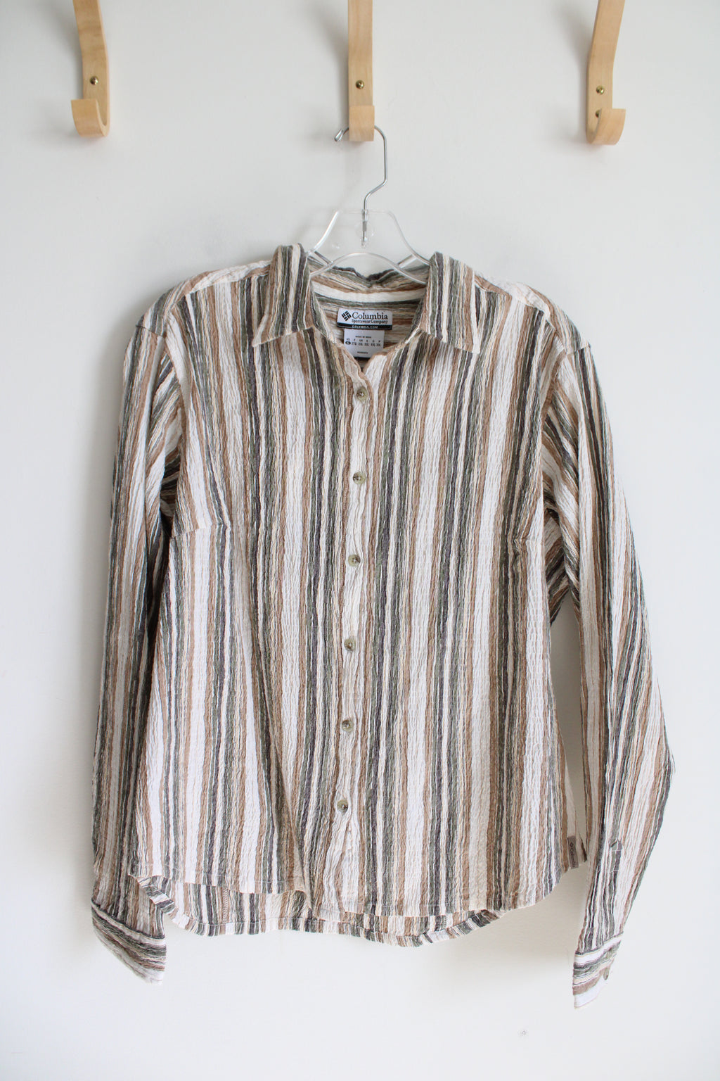 NEW Columbia Cream Brown Green & Gray Striped Button Down Top | XL
