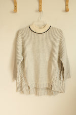 NEW White And Warren Ivory Plated Cable Crew Neck With Genuine Leather Trim | S