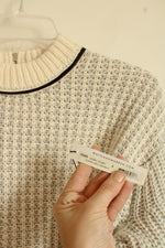 NEW White And Warren Ivory Plated Cable Crew Neck With Genuine Leather Trim | S