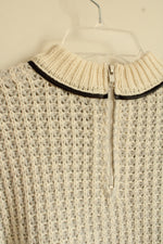 NEW White And Warren Ivory Plated Cable Crew Neck With Genuine Leather Trim | S