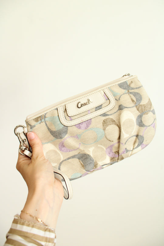 Coach Signature Canvas Wristlet in Cream and Purple