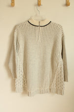 NEW White And Warren Ivory Plated Cable Crew Neck With Genuine Leather Trim | S