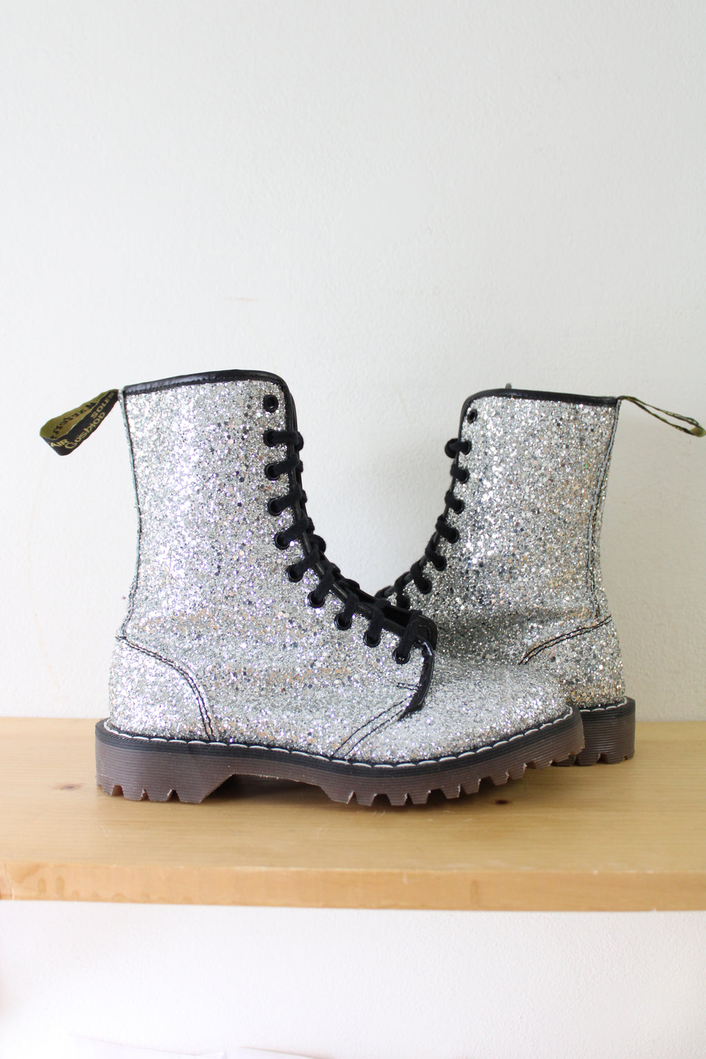 Dr Martens Vintage Silver Glitter Combat Boots | Size 5