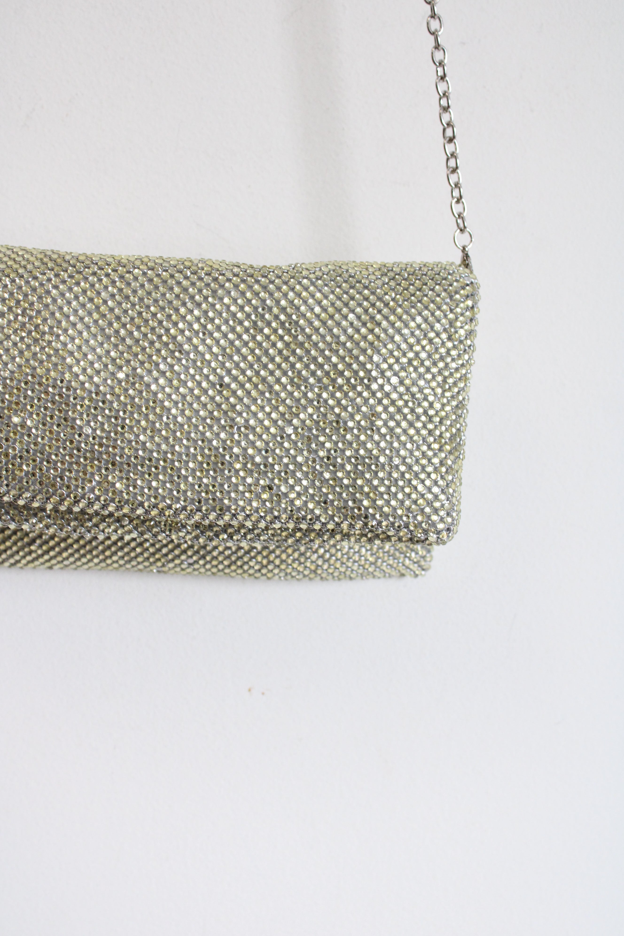 NEW Vintage Neiman Marcus Silver Yellow Rhinestone Zip Crossbody Bag