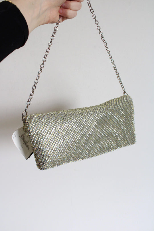 NEW Vintage Neiman Marcus Silver Yellow Rhinestone Zip Crossbody Bag