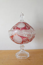 Red & Cut Crystal Clear Glass Covered Candy Dish