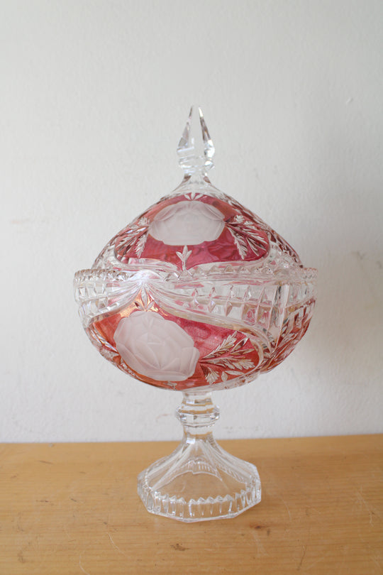 Red & Cut Crystal Clear Glass Covered Candy Dish