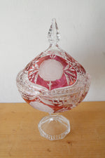 Red & Cut Crystal Clear Glass Covered Candy Dish