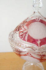 Red & Cut Crystal Clear Glass Covered Candy Dish