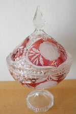 Red & Cut Crystal Clear Glass Covered Candy Dish