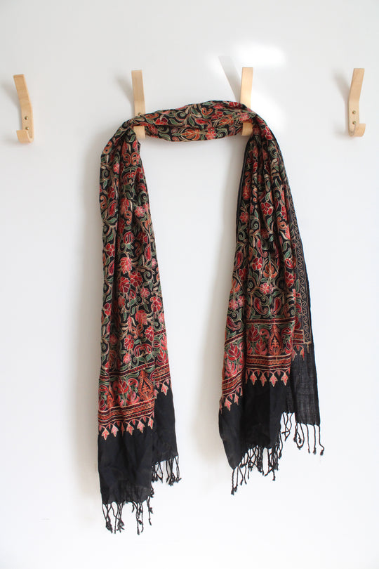 NEW Sevya Black Embroidered Floral Wool Blend Shawl