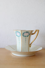 T&V Limoges France Hand Painted Blue Floral & Gold Tea Cup & Saucers