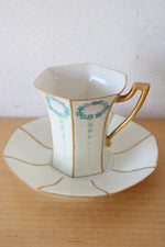 T&V Limoges France Hand Painted Blue Floral & Gold Tea Cup & Saucers
