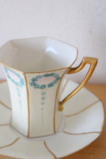 T&V Limoges France Hand Painted Blue Floral & Gold Tea Cup & Saucers