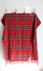 Vintage Faribo Red Tartan Plaid Wool Fringe Blanket