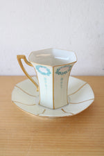 T&V Limoges France Hand Painted Blue Floral & Gold Tea Cup & Saucers