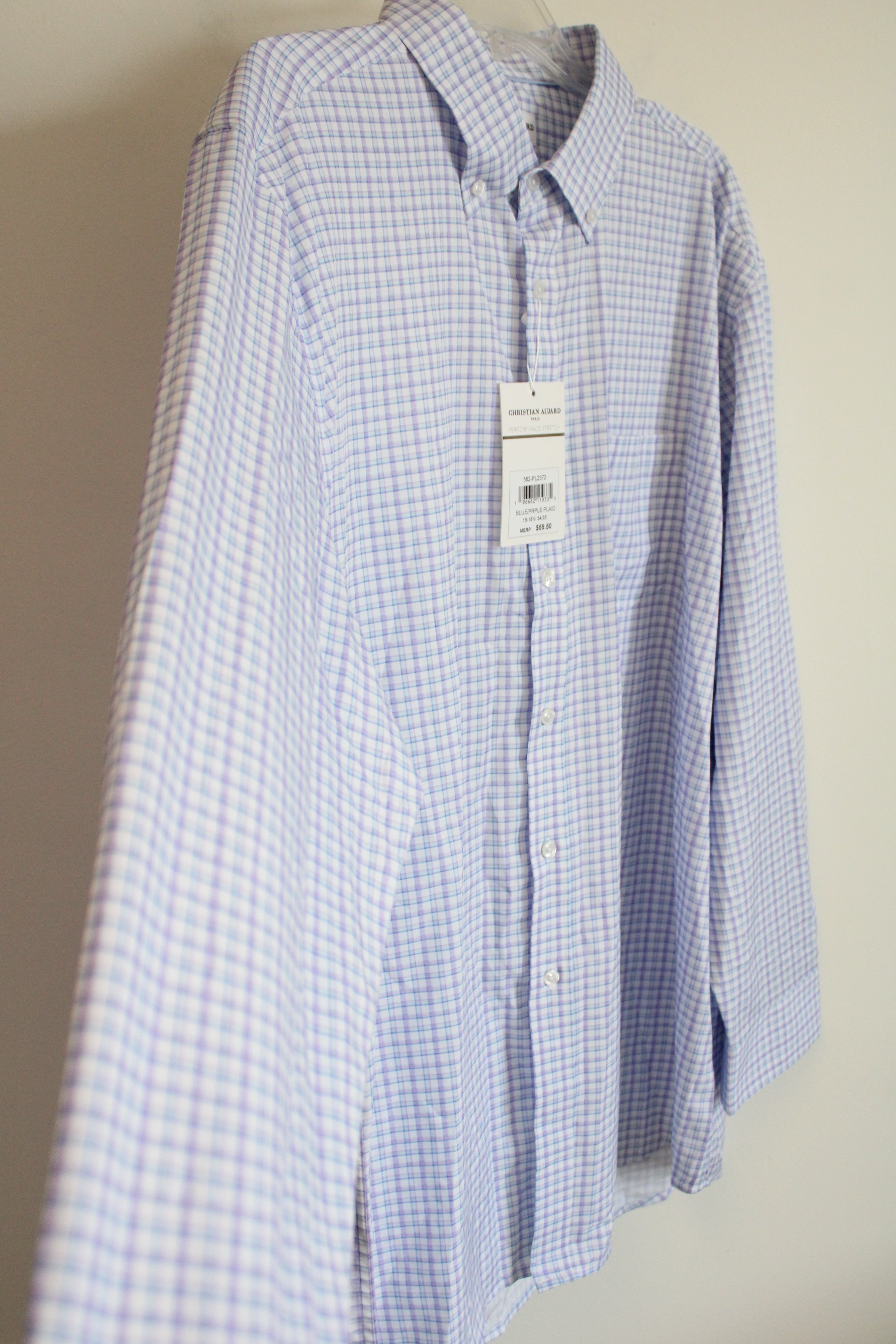 NEW Christian Aujard Performance Stretch Purple Plaid Button Down Regular Fit Shirt | 2XL 18-18 1/2 34/35 (Copy) (Copy)