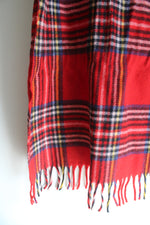 Vintage Faribo Red Tartan Plaid Wool Fringe Blanket