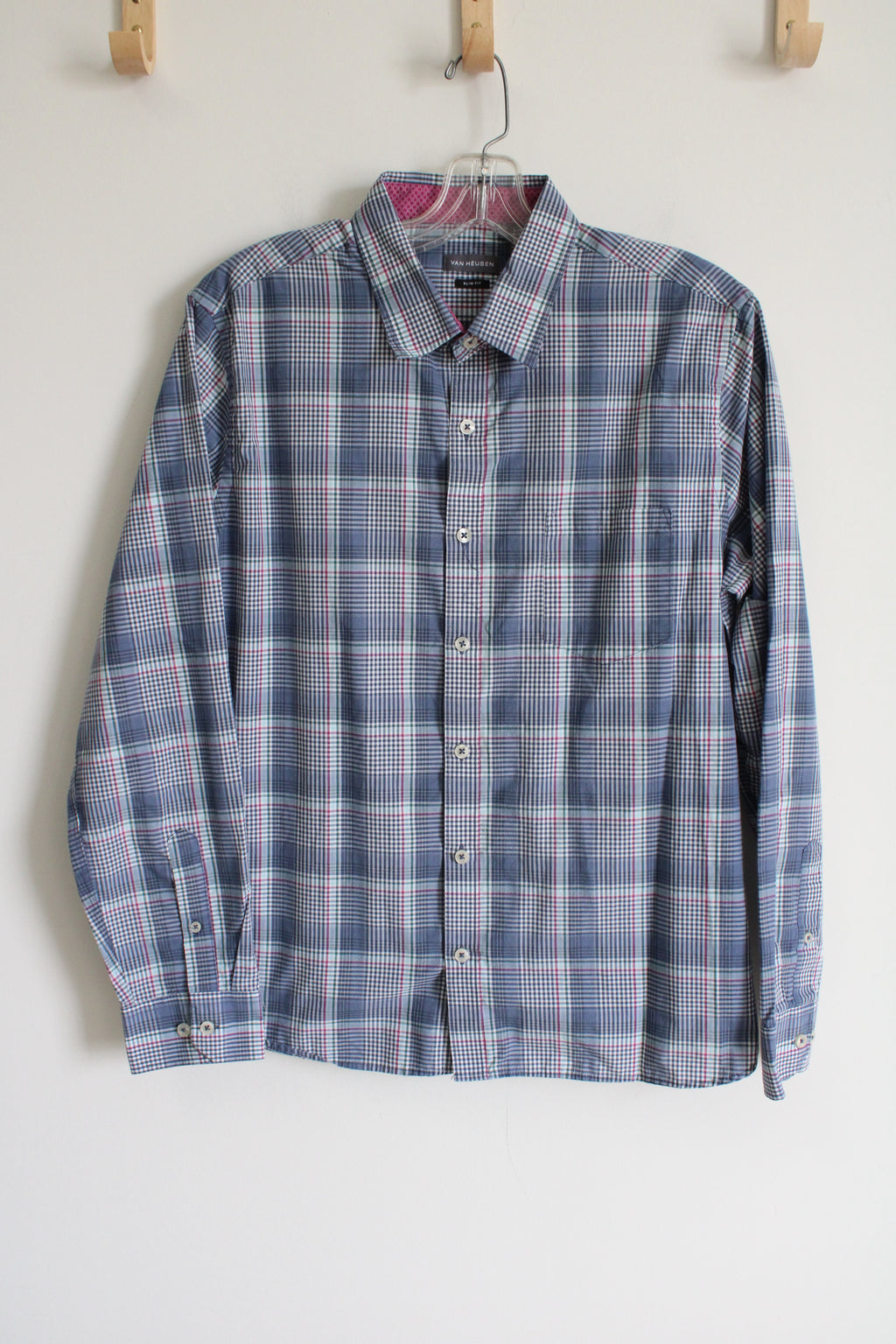 Van Heusen Blue Plaid Button Down Slim Fit Shirt | L 16-16 1/2