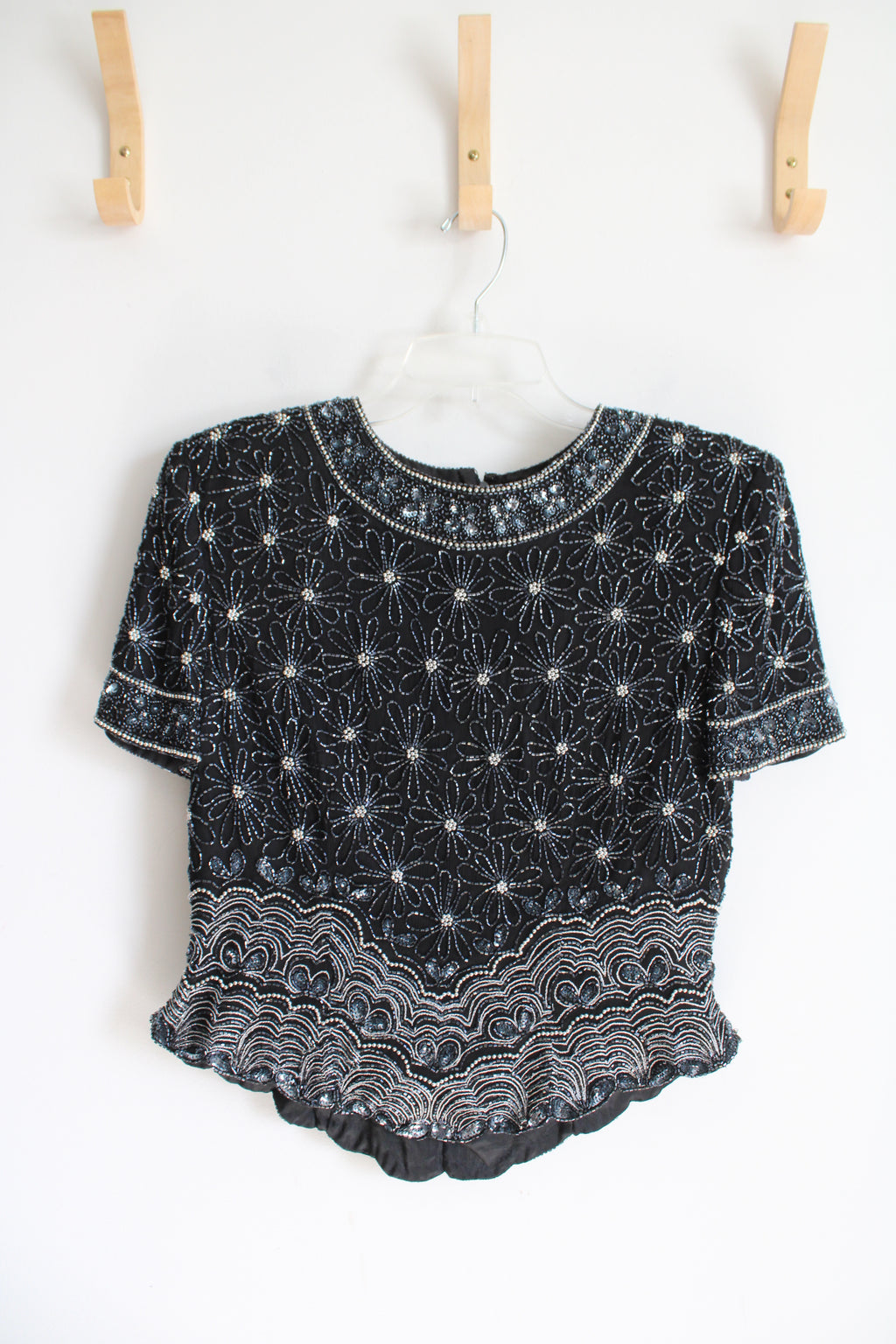 Vintage Papell Boutique Evening Black & Silver Beaded Silk Top | M